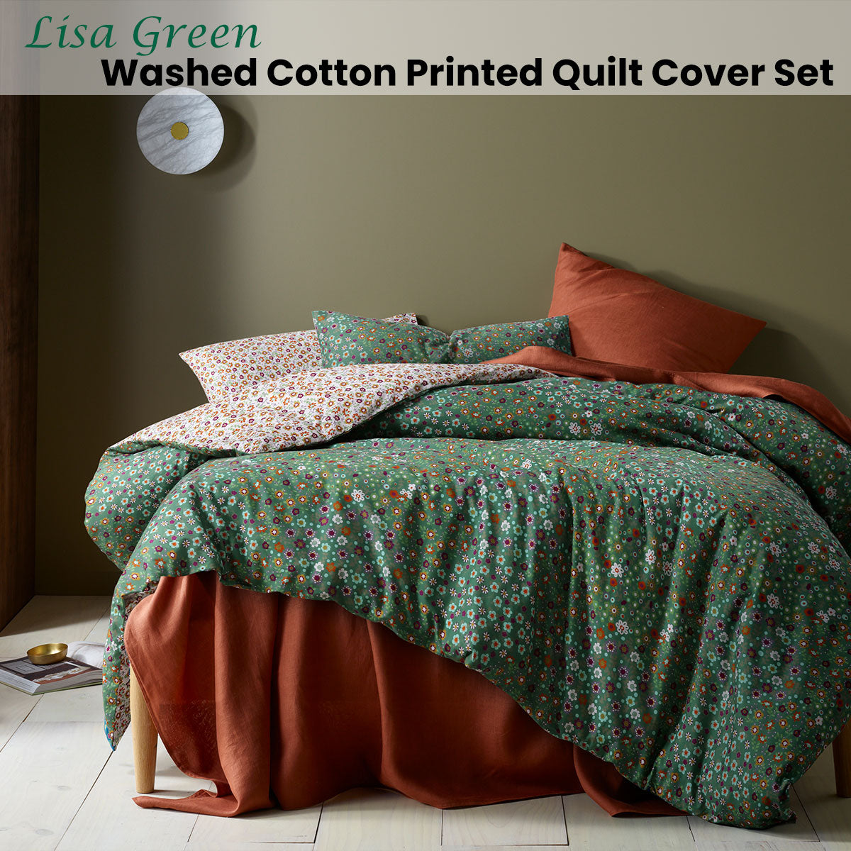 Accessorize Lisa Green Washed Cotton Printed Quilt Cover Set King V442-HIN-QUILTCS-LISA-GREEN-KI