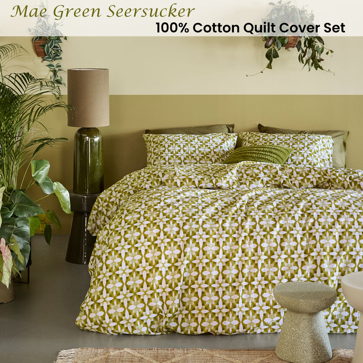 Bedding House Mae Green Seersucker Cotton Quilt Cover Set King V442-HIN-QUILTCS-MAESEERSUCKER-GREEN-KI