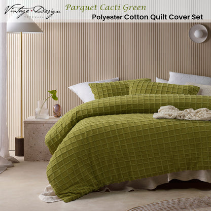 Vintage Design Homewares Parquet Cacti Green Polyester Cotton Quilt Cover Set King V442-HIN-QUILTCS-PARQUET-CACTIGREEN-KI