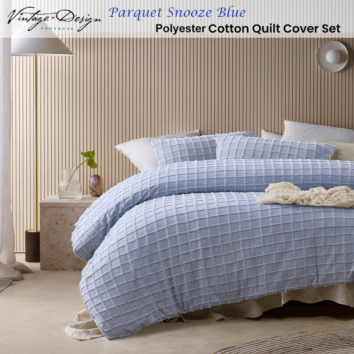 Vintage Design Homewares Parquet Snooze Blue Polyester Cotton Quilt Cover Set Queen V442-HIN-QUILTCS-PARQUET-SNOOZEBLUE-QS