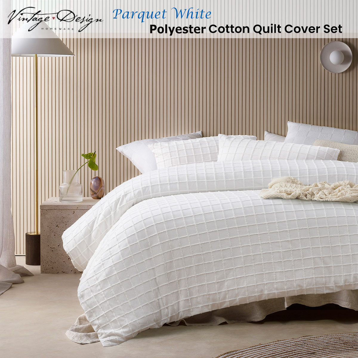 Vintage Design Homewares Parquet White Polyester Cotton Quilt Cover Set Queen V442-HIN-QUILTCS-PARQUET-WHITE-QS