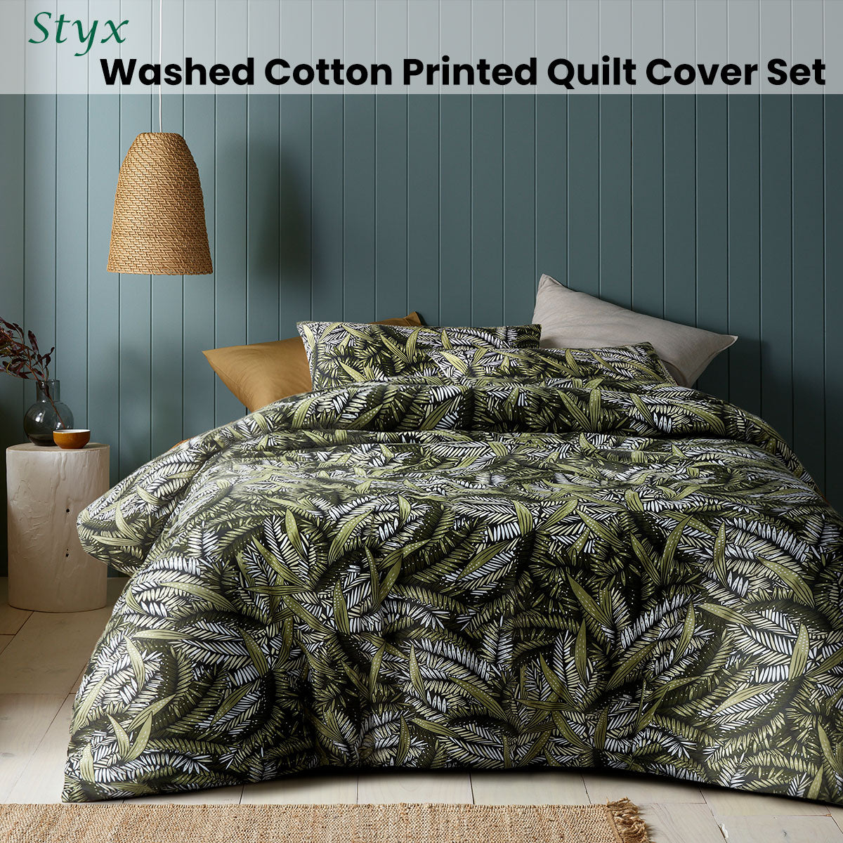 Accessorize Styx Washed Cotton Printed Quilt Cover Set King V442-HIN-QUILTCS-STYX-GREEN-KI