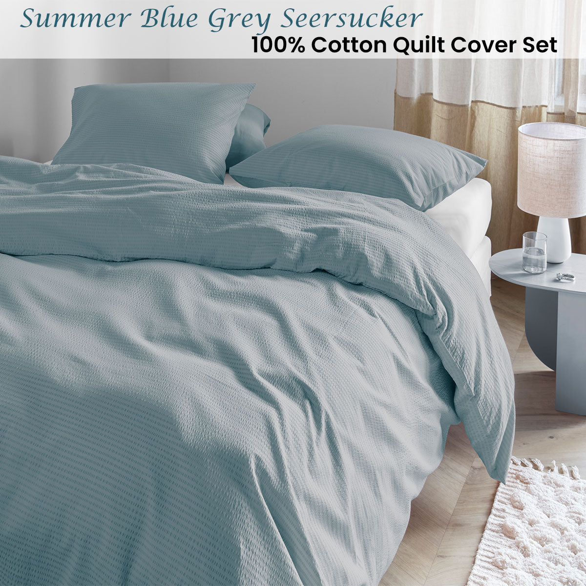 Bedding House Summer Blue Grey Seersucker Cotton Quilt Cover Set King V442-HIN-QUILTCS-SUMMERSEERSUCKER-BLUE-KI