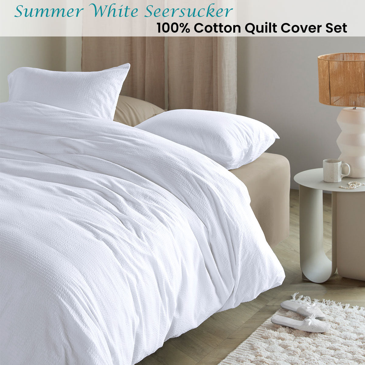 Bedding House Summer White Seersucker Cotton Quilt Cover Set Queen V442-HIN-QUILTCS-SUMMERSEERSUCKER-WHITE-QS