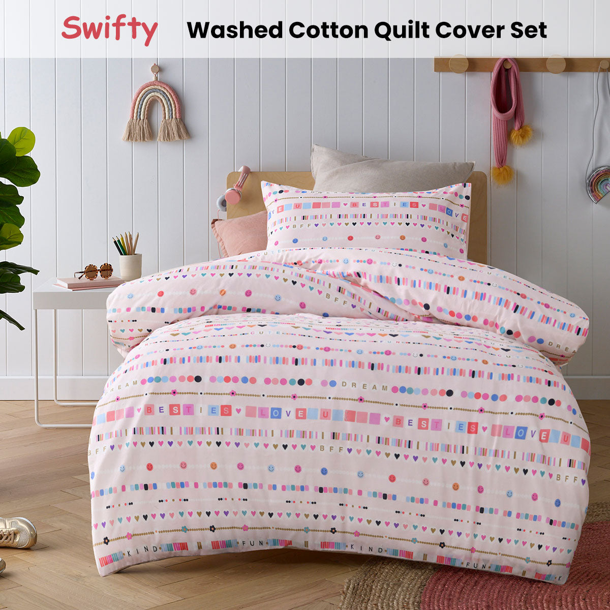 Happy Kids Swifty Washed Quilt Cover Set Single V442-HIN-QUILTCS-SWIFTY-PINK-SB