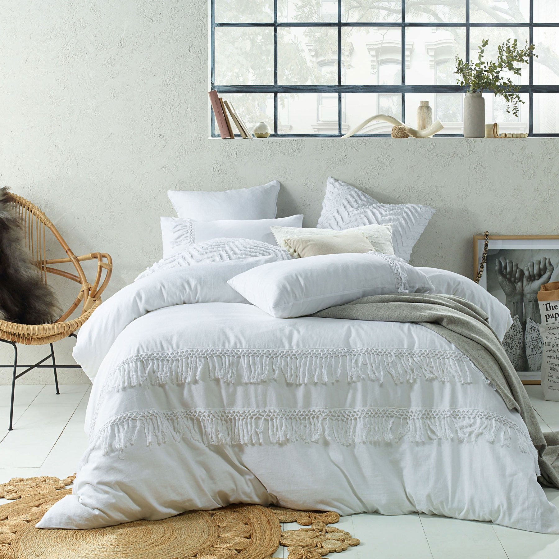 Accessorize Tassel Quilt Cover Set White King V442-HIN-QUILTCS-TASSELLINENCOTTON-WHITE-KI