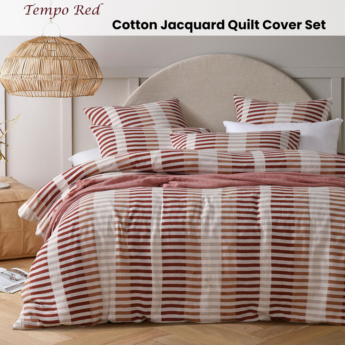 Vintage Design Homewares Tempo Red Cotton Jacquard Quilt Cover Set Queen V442-HIN-QUILTCS-TEMPO-RED-QS
