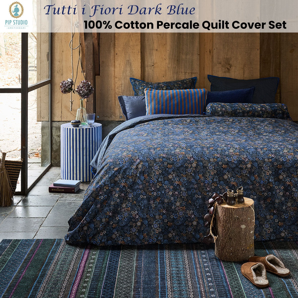 PIP Studio Tutti i Fiori Dark Blue Cotton Quilt Cover Set Queen V442-HIN-QUILTCS-TUTTIIFIORI-DARKBLUE-QS