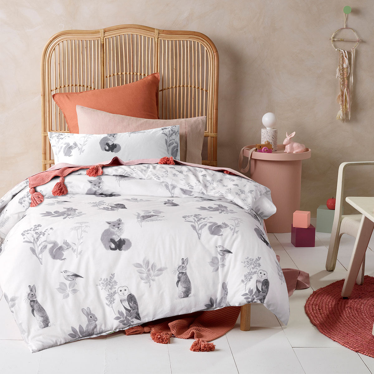 Happy Kids Woodland White Cotton Quilt Cover Set Single V442-HIN-QUILTCS-WOODLAND-WHITE-SB