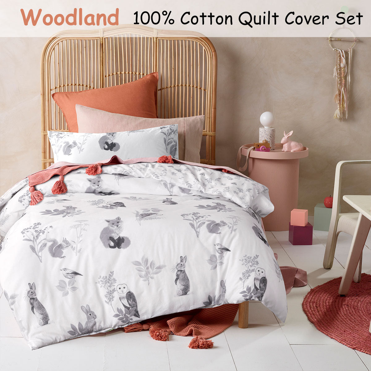 Happy Kids Woodland White Cotton Quilt Cover Set Single V442-HIN-QUILTCS-WOODLAND-WHITE-SB