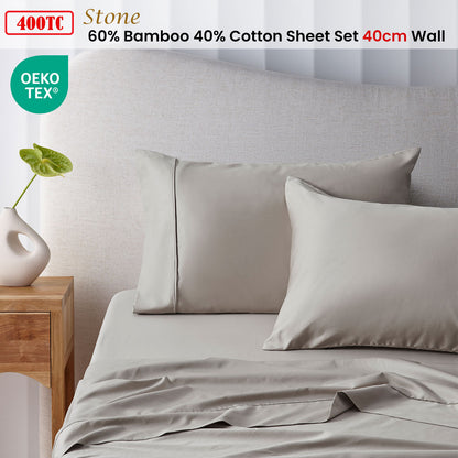 Accessorize 400TC Stone Bamboo Cotton Sheet Set 40cm Wall Double V442-HIN-SHEETS-BAMBOOCOTTON40CM-STONE-DS