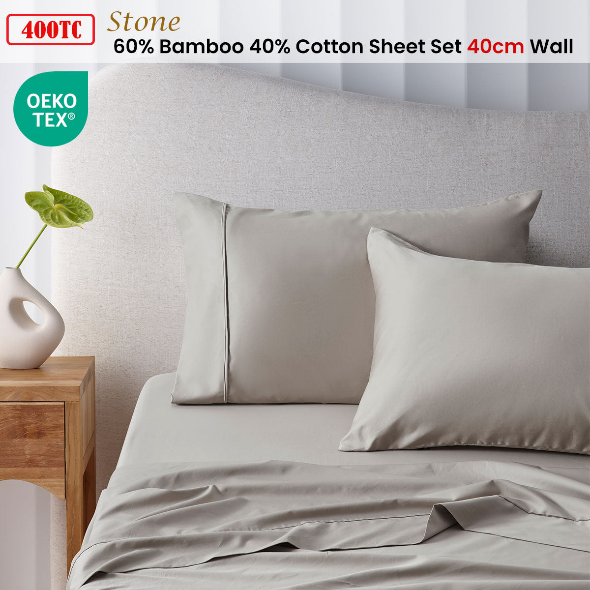 Accessorize 400TC Stone Bamboo Cotton Sheet Set 40cm Wall Single V442-HIN-SHEETS-BAMBOOCOTTON40CM-STONE-SB