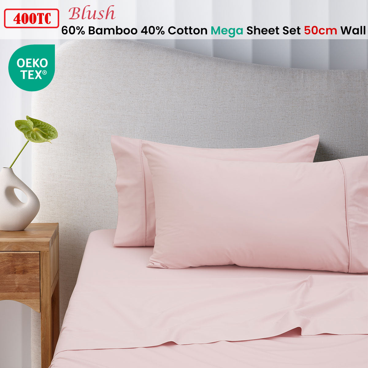 Accessorize 400TC Blush Bamboo Cotton Mega / Super Sheet Set 50cm Wall King V442-HIN-SHEETS-BAMBOOCOTTON50CM-BLUSH-KI