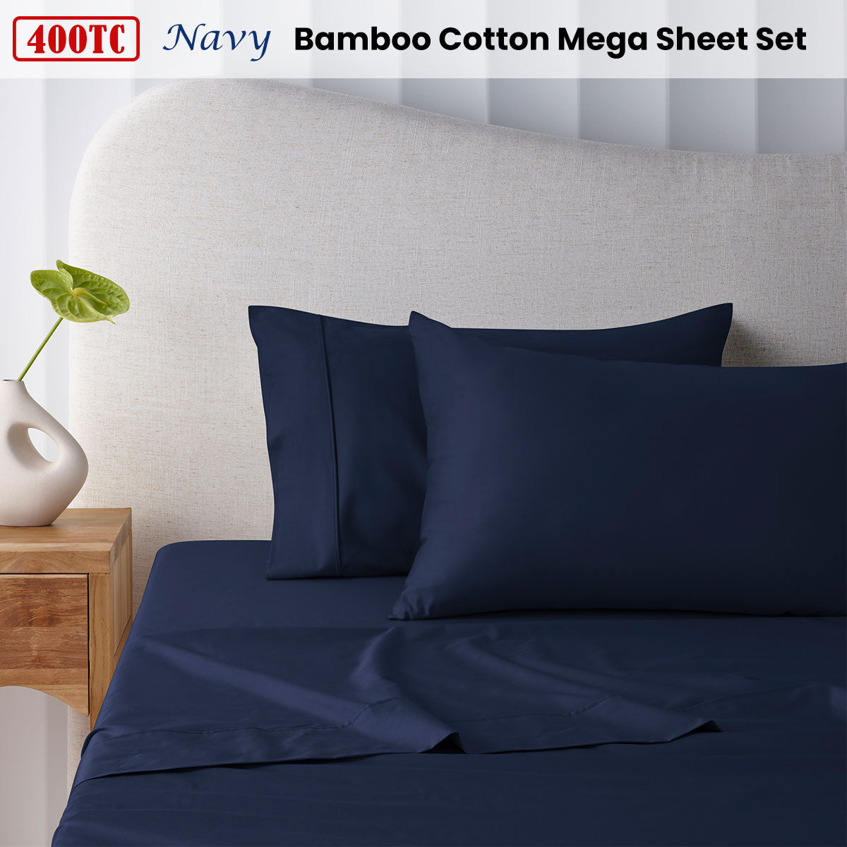 Accessorize 400TC Navy Bamboo Cotton Mega Sheet Set 50cm Wall King V442-HIN-SHEETS-BAMBOOCOTTON50CM-NAVY-KI