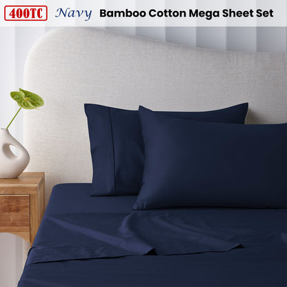 Accessorize 400TC Navy Bamboo Cotton Mega Sheet Set 50cm Wall King V442-HIN-SHEETS-BAMBOOCOTTON50CM-NAVY-KI