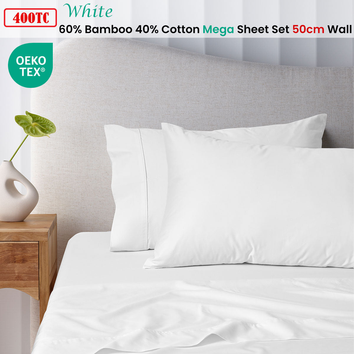 Accessorize 400TC White Bamboo Cotton Mega / Super Sheet Set 50cm Wall King V442-HIN-SHEETS-BAMBOOCOTTON50CM-WHITE-KI