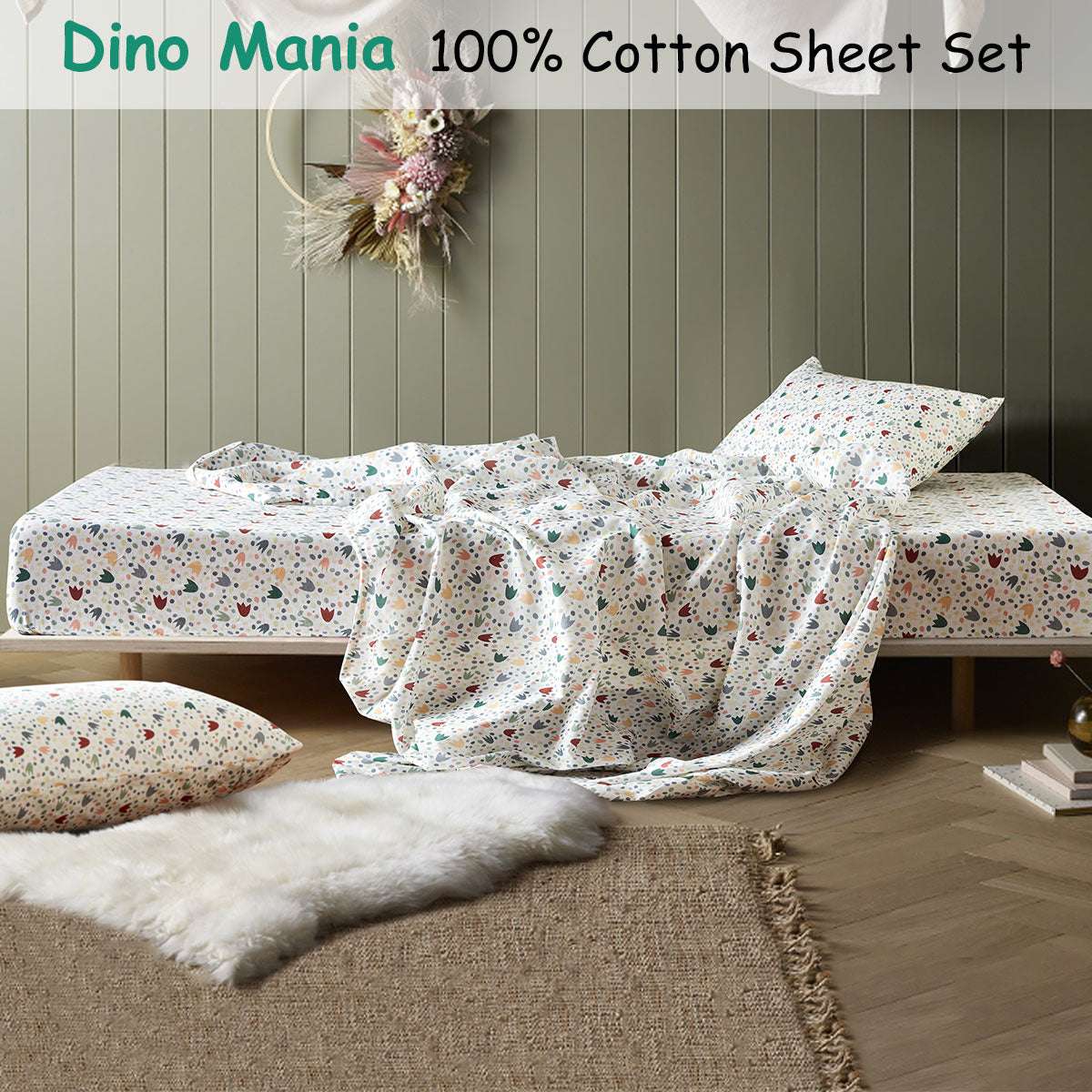 Happy Kids Dino Mania Green Cotton Sheet Set Single V442-HIN-SHEETS-DINOMANIA-GREEN-SB