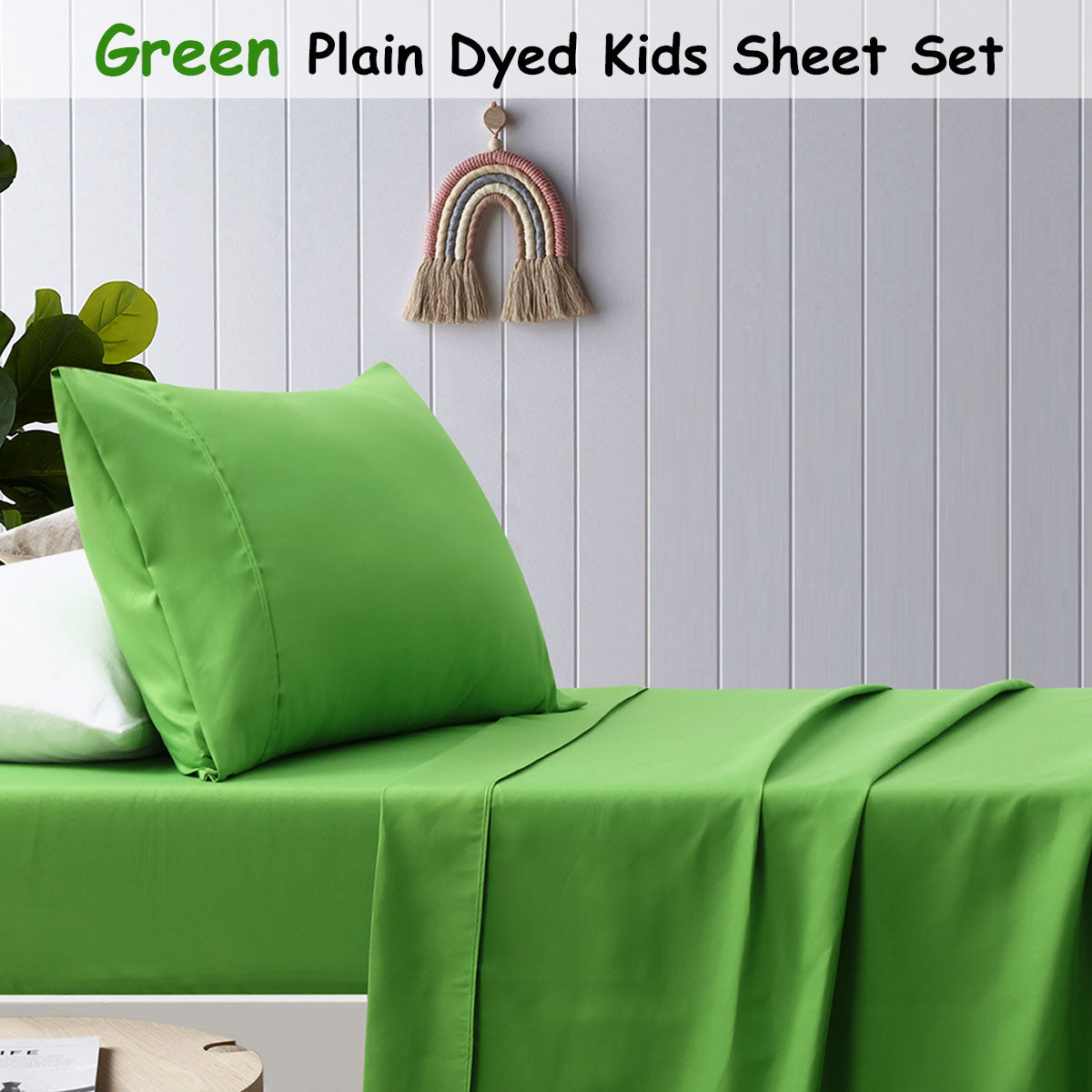 Happy Kids Green Plain Dyed Microfibre Sheet Set Double V442-HIN-SHEETS-KIDSPLAIN-GREEN-DS