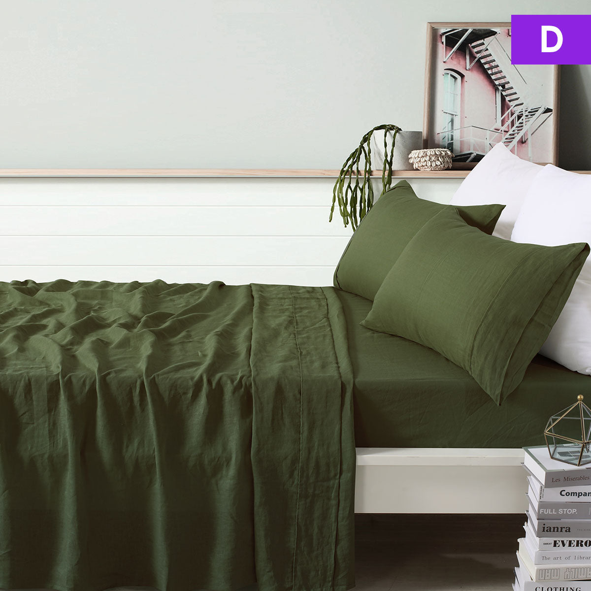 Vintage Design Homewares 100% Linen Olive Sheet Set Double V442-HIN-SHEETS-LINEN-OLIVE-DS