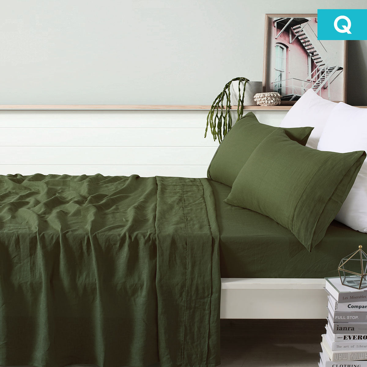 Vintage Design Homewares 100% Linen Olive Sheet Set Queen V442-HIN-SHEETS-LINEN-OLIVE-QS
