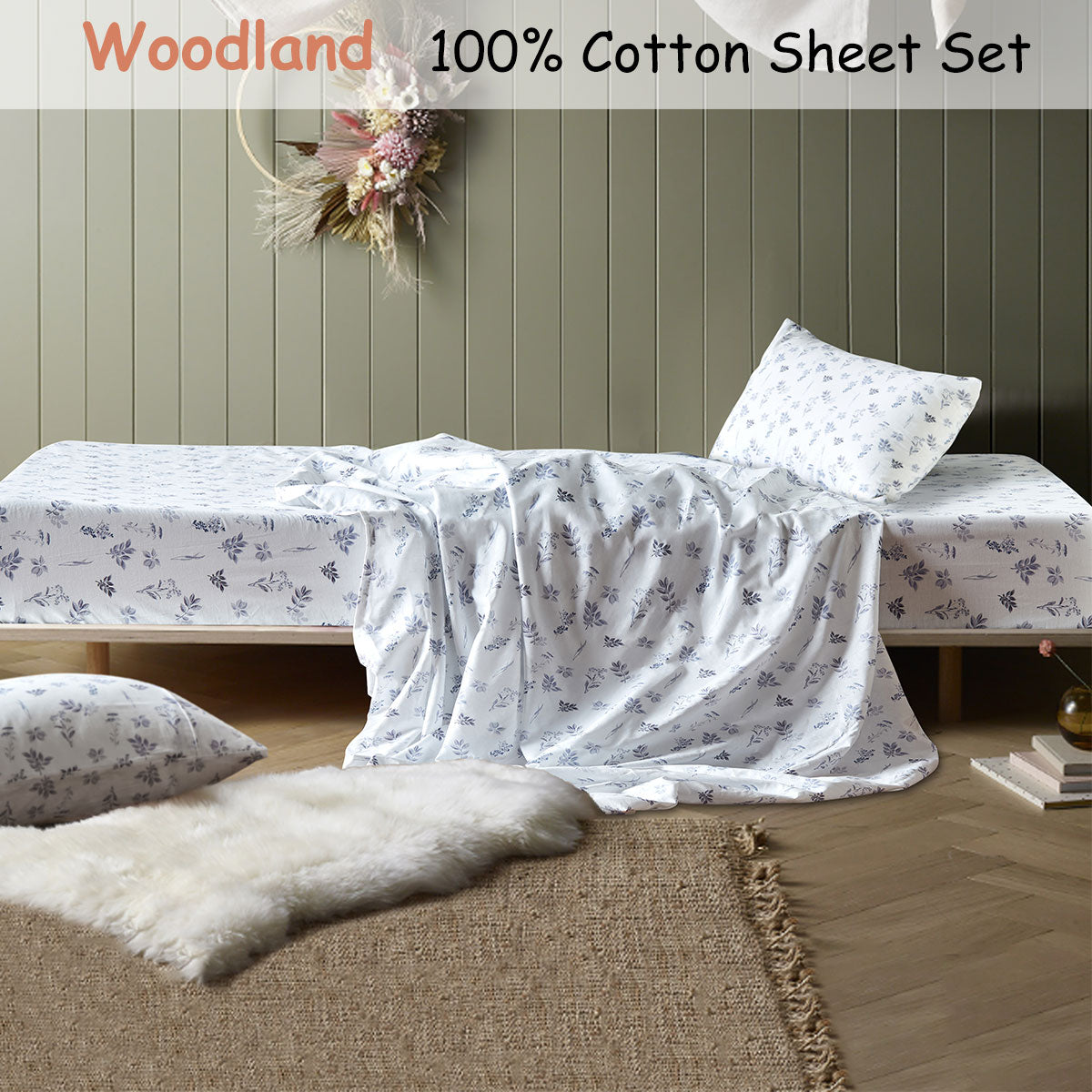 Happy Kids Woodland White Cotton Sheet Set King Single V442-HIN-SHEETS-WOODLAND-WHITE-KS