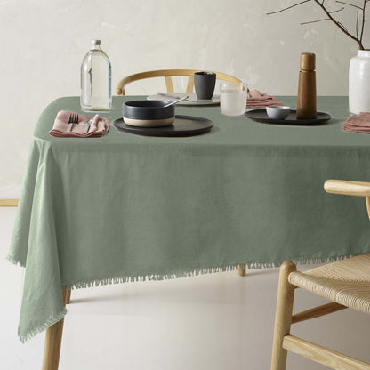Vintage Design Homewares Gypsy Green Fringed Washed Linen Cotton Tablecloth 130cm x 180cm V442-HIN-TABLEC-GYPSYLINENC180CM-GREEN-RE