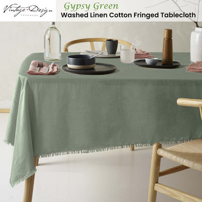 Vintage Design Homewares Gypsy Green Fringed Washed Linen Cotton Tablecloth 150cm x 230cm V442-HIN-TABLEC-GYPSYLINENC230CM-GREEN-RE
