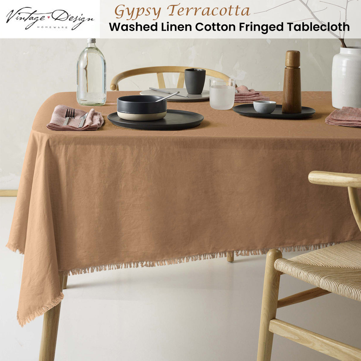 Vintage Design Homewares Gypsy Terracotta Fringed Washed Linen Cotton Tablecloth 150cm x 230cm V442-HIN-TABLEC-GYPSYLINENC230CM-TERRA-RE