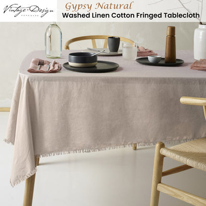 Vintage Design Homewares Gypsy Natural Fringed Washed Linen Cotton Tablecloth 150cm x 275cm V442-HIN-TABLEC-GYPSYLINENC275CM-NATURAL-RE