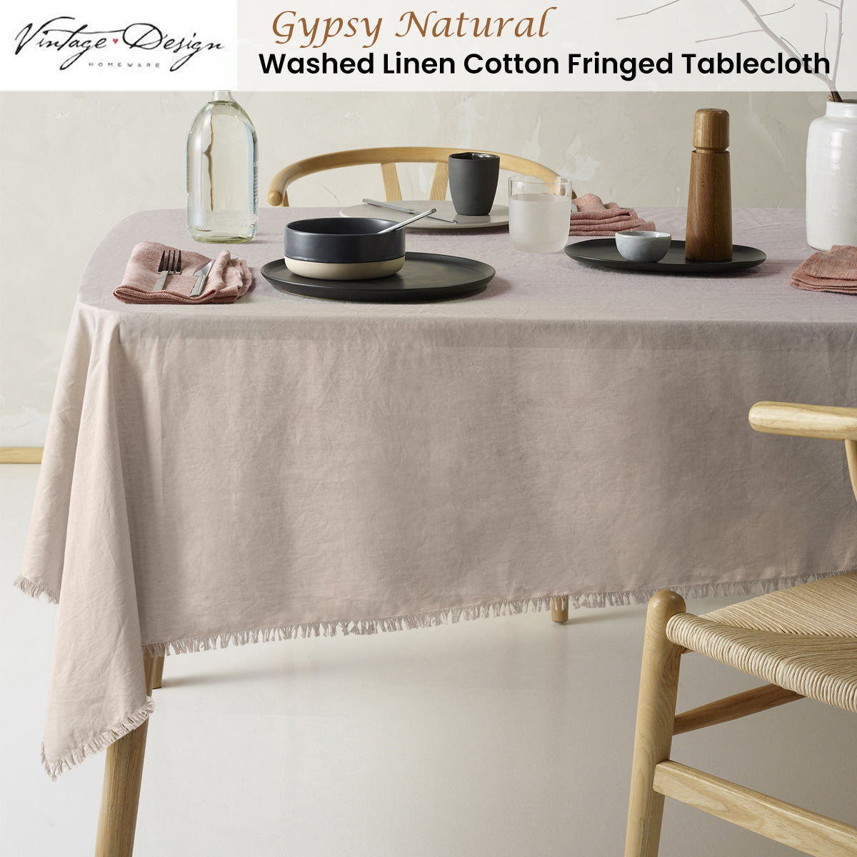 Vintage Design Homewares Gypsy Natural Fringed Washed Linen Cotton Tablecloth 150cm x 300cm V442-HIN-TABLEC-GYPSYLINENC300CM-NATURAL-RE