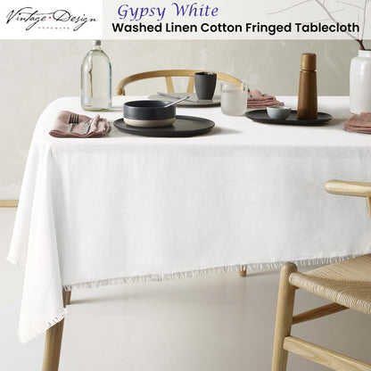 Vintage Design Homewares Gypsy White Fringed Washed Linen Cotton Tablecloth 150cm x 300cm V442-HIN-TABLEC-GYPSYLINENC300CM-WHITE-RE