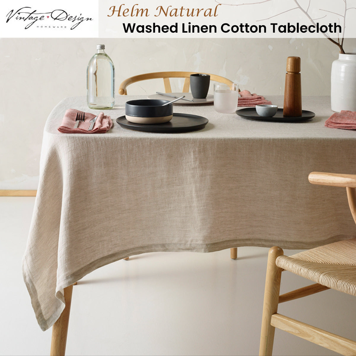 Vintage Design Homewares Helm Natural Washed Linen Cotton Tablecloth 180cm x 180cm Square V442-HIN-TABLEC-HELMLINENC180CM-NATURAL-SQ