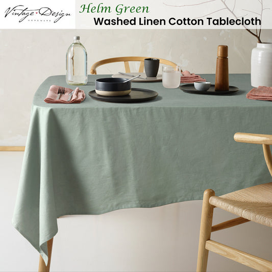 Vintage Design Homewares Helm Green Washed Linen Cotton Tablecloth 180cm x 400cm V442-HIN-TABLEC-HELMLINENC400CM-GREEN-RE
