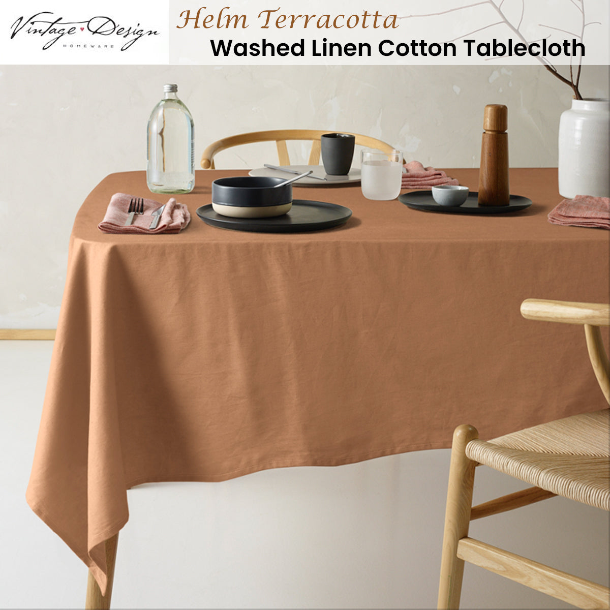 Vintage Design Homewares Helm Terracotta Washed Linen Cotton Tablecloth 180cm x 400cm V442-HIN-TABLEC-HELMLINENC400CM-TERRA-RE