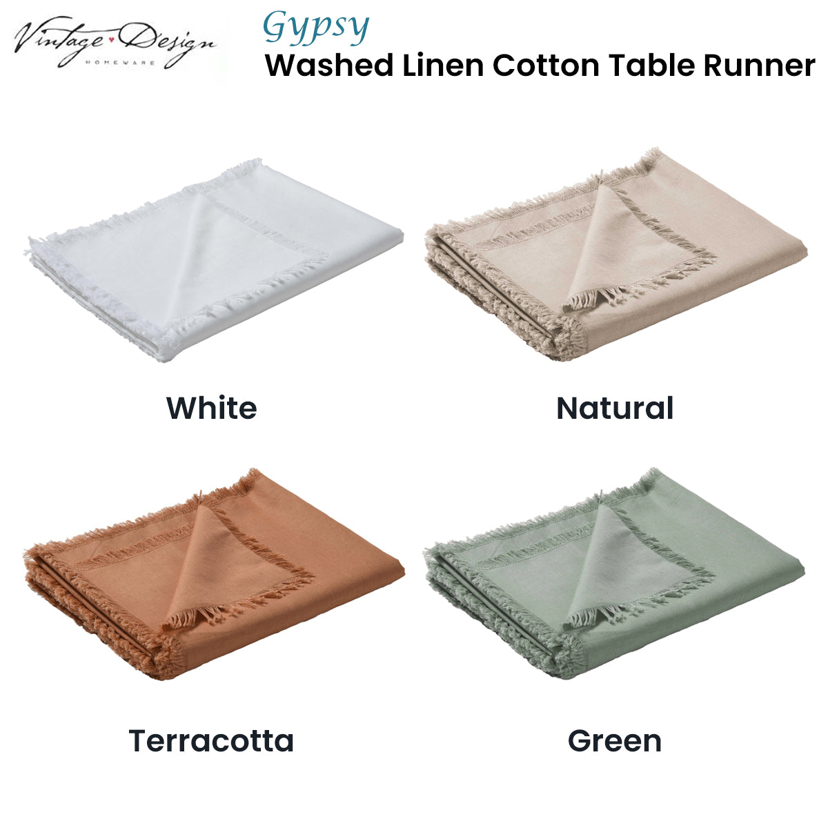 Vintage Design Homewares Gypsy White Washed Linen Cotton Table Runner 35 x 180cm V442-HIN-TABLER-GYPSYLINENCOTTON-WHITE-RE