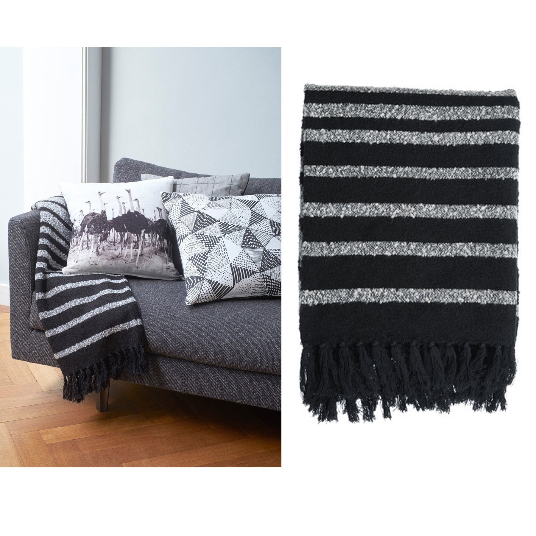 Bedding House Cotton Fringe Throw Rug Honshu Black V442-HIN-THROW-HONSHU-BLACK-RE