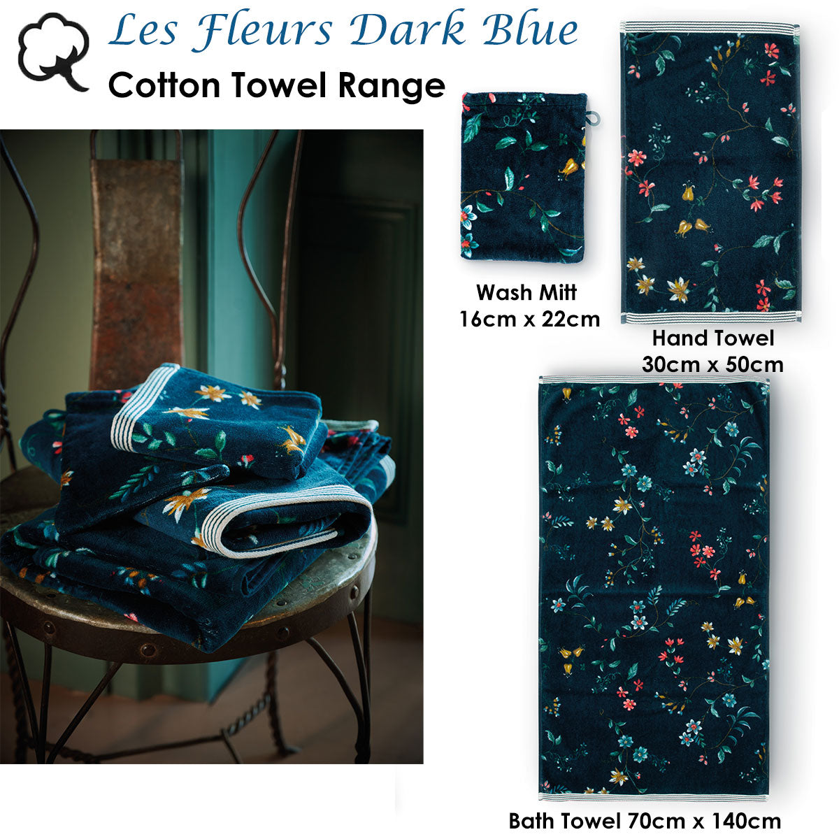 PIP Studio Les Fleurs Dark Blue Wash Mitt 16cm x 22cm V442-HIN-TOWEL-LESFLEURSMITT-DARKBLUE-RE