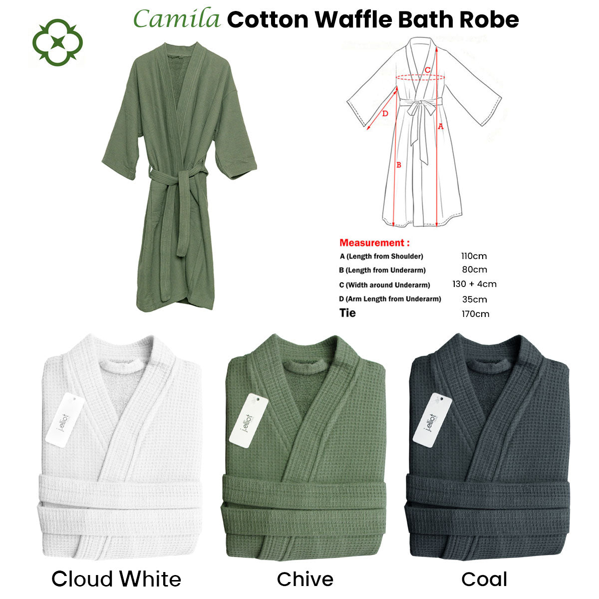 J Elliot Home Camila Cotton Waffle Bath Robe Chive V442-IDC-BATHROBE-CAMILA-CHIVE-L