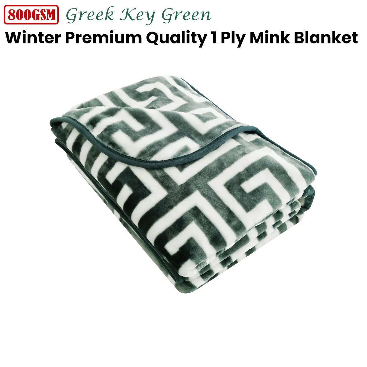 Bloomington 800GSM Greek Key Green Winter Premium Quality 1 Ply Mink Blanket Double V442-IDC-BLANKET-800GSMGREEKKEY-GREEN-DS