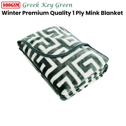 Bloomington 800GSM Greek Key Green Winter Premium Quality 1 Ply Mink Blanket Queen V442-IDC-BLANKET-800GSMGREEKKEY-GREEN-QS