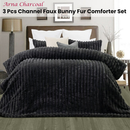Jane Barrington Arna Charcoal 3 Pcs Channel Faux Bunny Fur Comforter Set Queen V442-IDC-COMFORTER-ARNA-CHARCOAL-QS