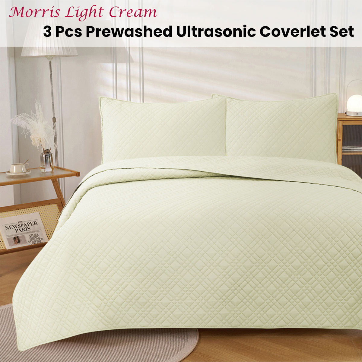 Jane Barrington Morris Light Cream Ultrasonic Embossed Lightly Quilted Reversible Coverlet Set Queen V442-IDC-COVERLETS-MORRIS-LIGHTCREAM-QS