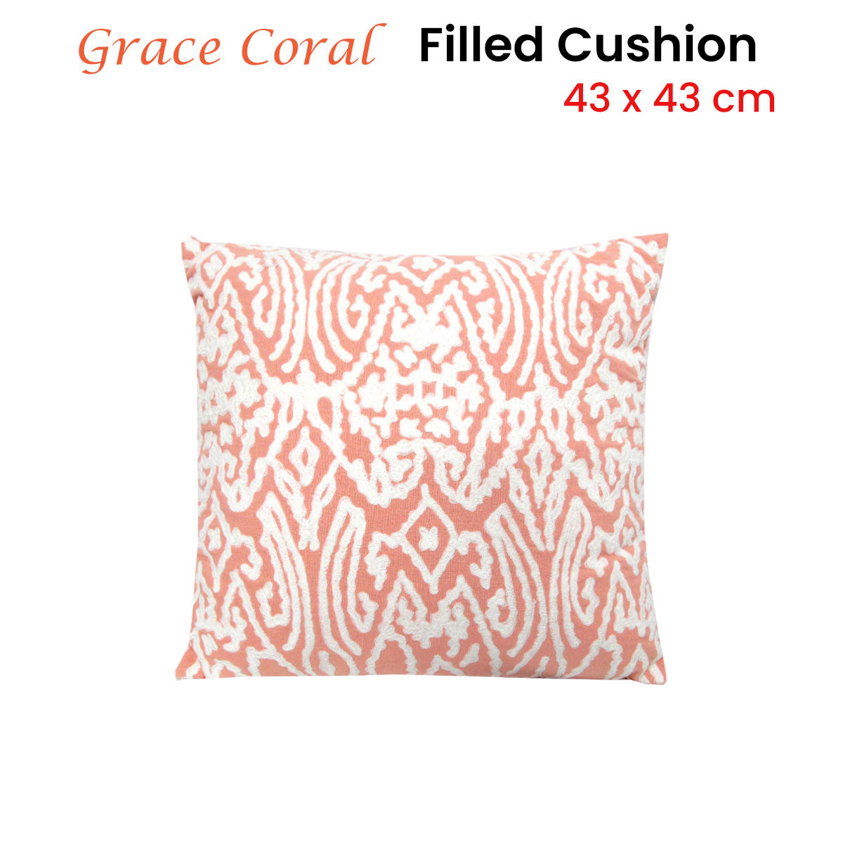 J.Elliot Home Grace Coral Applique Filled Cushion 43 x 43 cm V442-IDC-CUSHION-GRACE-CORAL-SQ