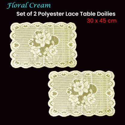 Floral Cream Set of 2 Polyester Lace Table Doilies 30 x 45 cm V442-IDC-MISC-SETOF2FLORALDOILIES-CREAM-RE