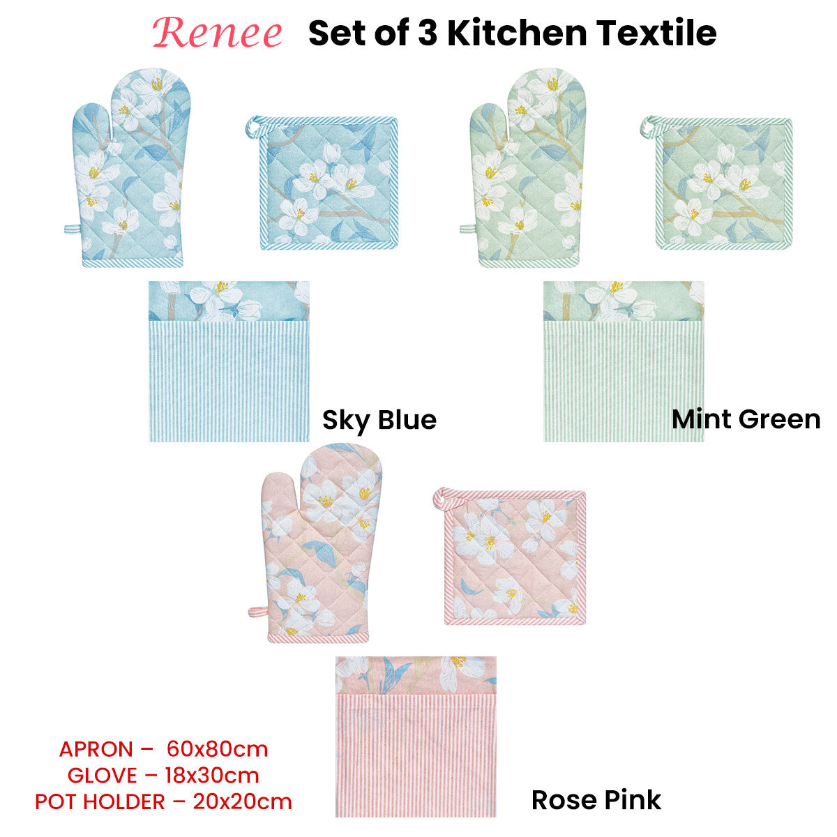 Set of 3 Renee Cotton Cover Kitchen Textile Mint Green V442-IDC-MISC-SETOF3RENEEKITCHEN-GREEN-SH