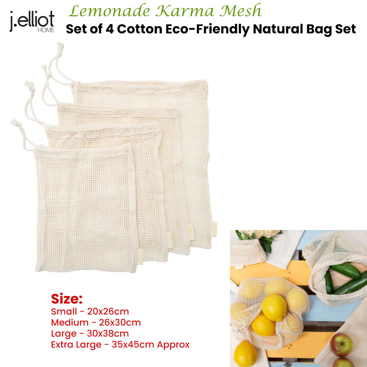 J Elliot Home Lemonade Karma Set of 4 Cotton Eco-Friendly Natural Mesh Storage Bag Set V442-IDC-MISC-SETOF4MESHBAGSET-NATURAL-RE