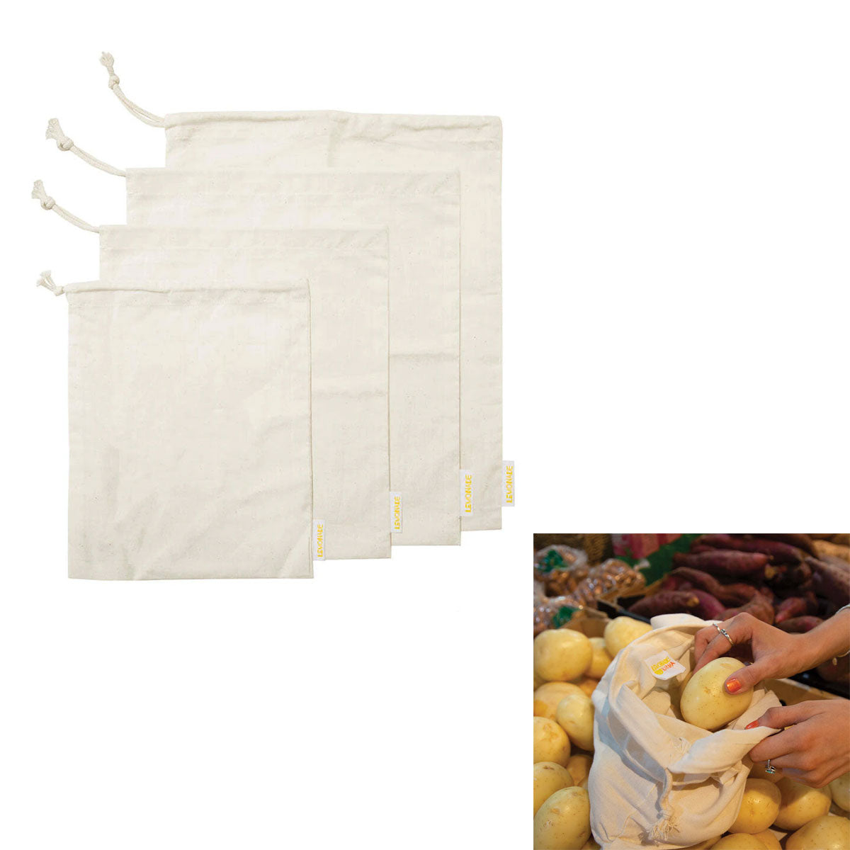 J Elliot Home Lemonade Karma Set of 4 Cotton Eco-Friendly Natural Muslin Storage Bag Set V442-IDC-MISC-SETOF4MUSLINBAGSET-NATURAL-RE