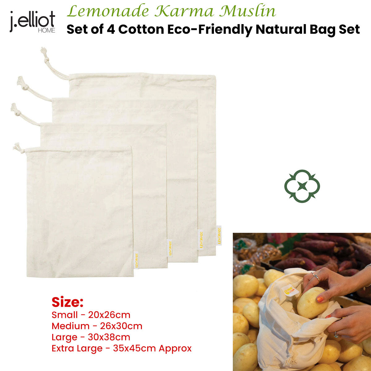 J Elliot Home Lemonade Karma Set of 4 Cotton Eco-Friendly Natural Muslin Storage Bag Set V442-IDC-MISC-SETOF4MUSLINBAGSET-NATURAL-RE