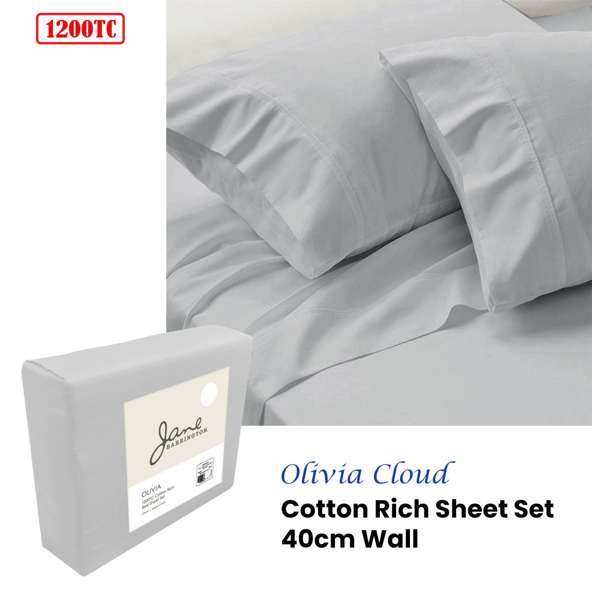 Jane Barrington 1200TC Olivia Cotton Rich Sheet Set 40cm Wall Cloud Queen V442-IDC-SHEETS-OLIVIA1200TC-CLOUD-QS