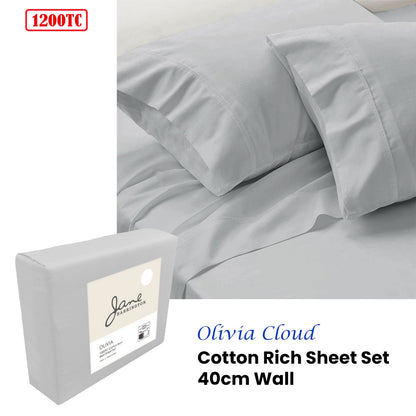 Jane Barrington 1200TC Olivia Cotton Rich Sheet Set 40cm Wall Cloud Queen V442-IDC-SHEETS-OLIVIA1200TC-CLOUD-QS